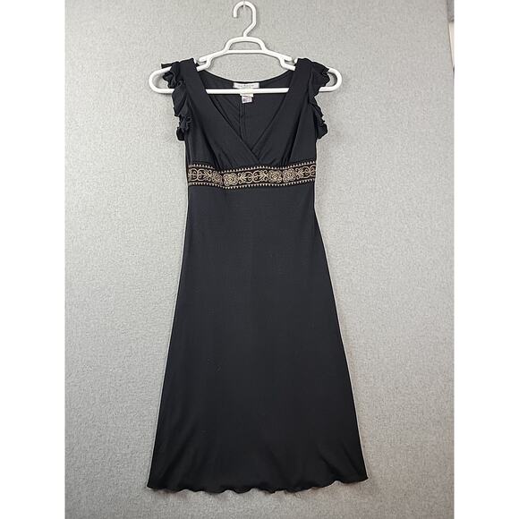 Vtg La Belle Black Gold Embroidered Ruffle Cap Sleeve V Neck Midi Dress Small - Picture 1 of 11